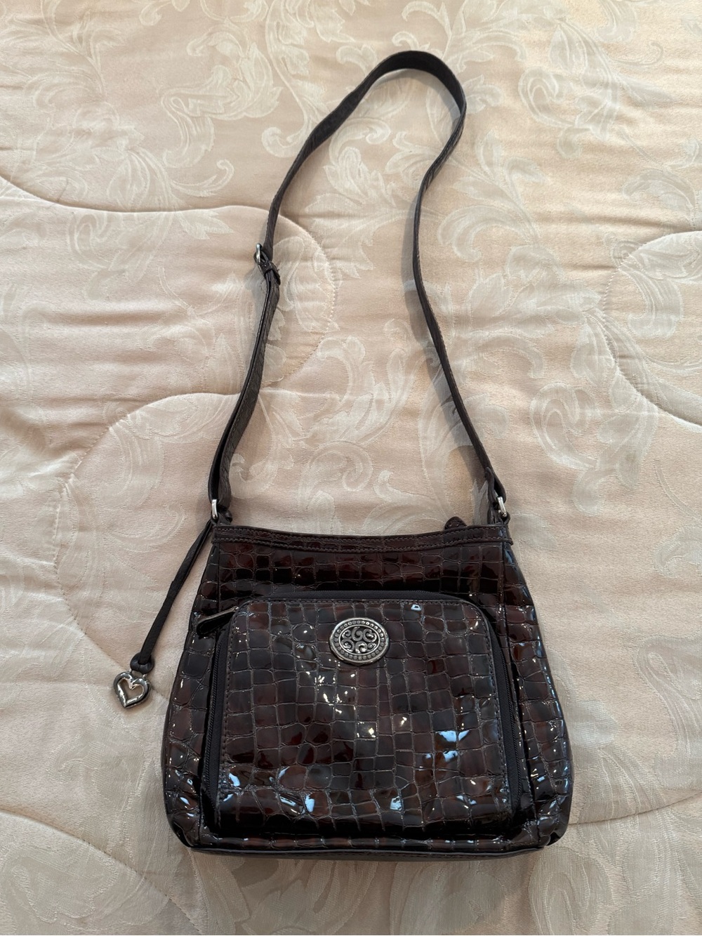 Brighton Vintage chocolate brown glossy Croc-Embossed Leather Messenger Bag